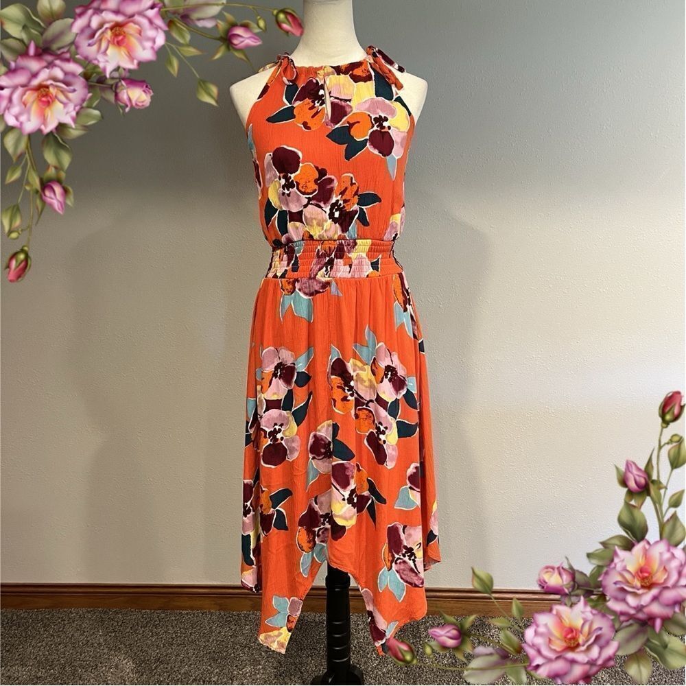 ‎Floral asymmetrical midi dress